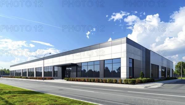 Modern supermarket building exterior against blue sky, Inviting white facade, some clouds, concept