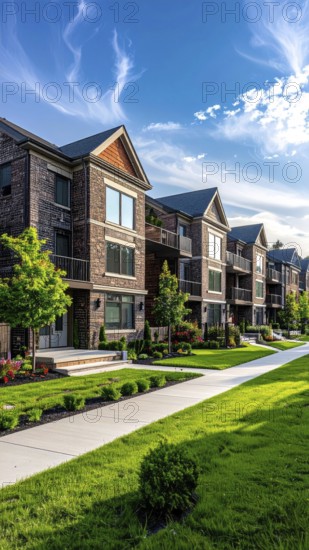 Modern apartment building with balconies and well-kept landscaping at sunset, Modern multifamily