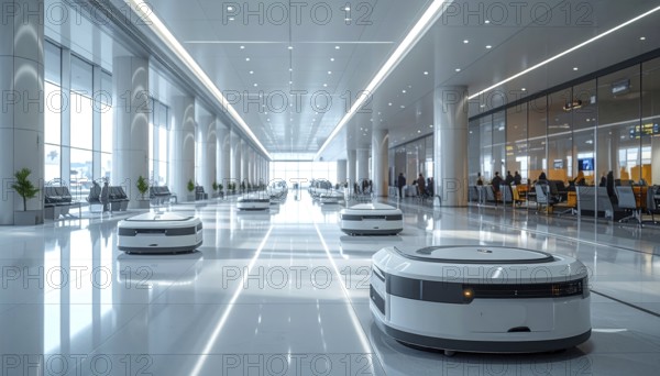 Autonomous cleaning roboter at modern airport terminal, showcasing advanced technology, daylight in
