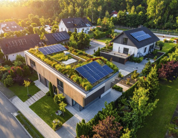 Aerial view showcases modern houses with solar panels and green roofs in a suburban setting,