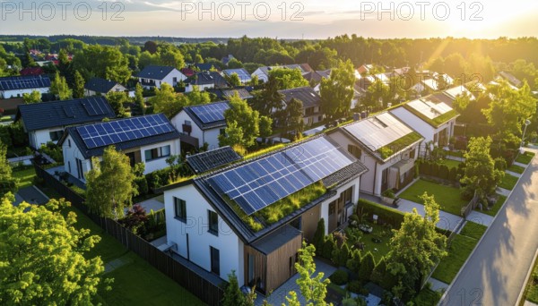 Aerial view showcases modern houses with solar panels and green roofs in a suburban setting,