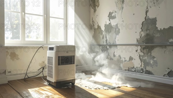 A specialized dehumidifier operates in a mold-infested room following water damage, Shell