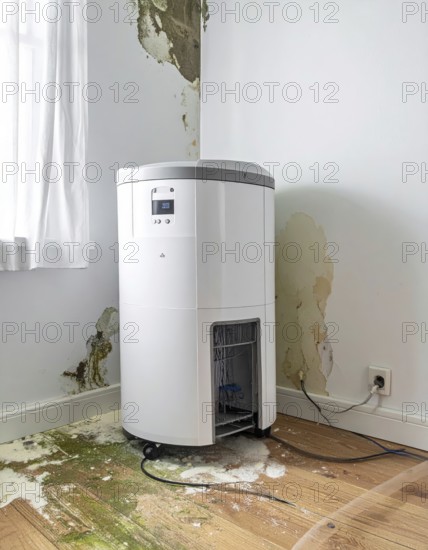 A specialized dehumidifier operates in a mold-infested room following water damage, Shell