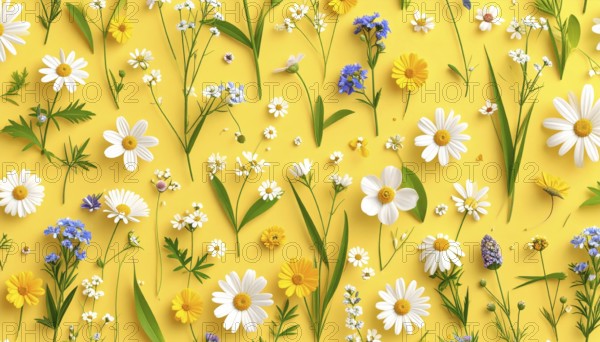 Vibrant wildflowers and grass create a colorful and joyful floral pattern, Variety of wild flowers,
