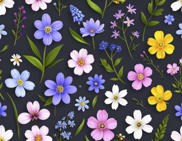 Vibrant wildflowers and grass create a colorful and joyful floral pattern, Variety of wild flowers,