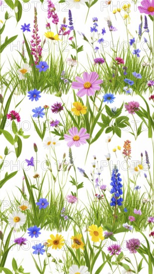 Vibrant wildflowers and grass create a colorful and joyful floral pattern, Variety of wild flowers,