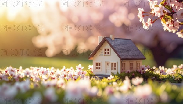 A miniature house surrounded by blooming cherry blossoms and warm sunlight, creating a peaceful and
