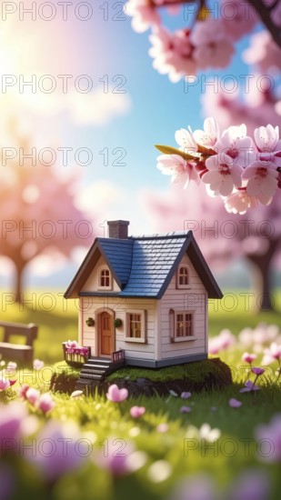 A miniature house surrounded by blooming cherry blossoms and warm sunlight, creating a peaceful and