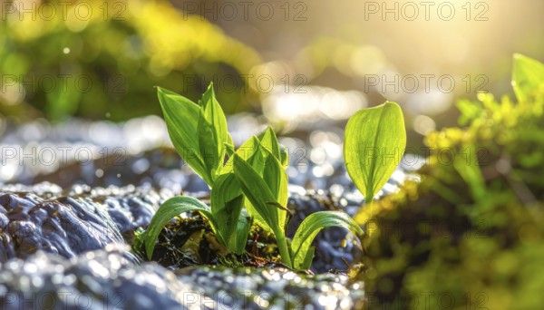 Beautiful spring detailed stream of fresh water, vibrant blooming young green plants, wallpaper