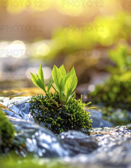 Beautiful spring detailed stream of fresh water, vibrant blooming young green plants, wallpaper