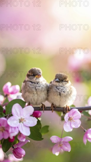 Small funny Sparrow Chicks sit in the garden surrounded by pink Apple blossoms on a Sunny may day,