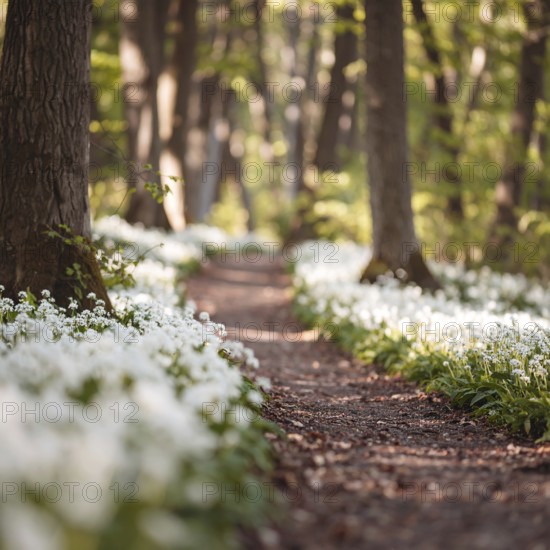 A tranquil forest path lined with white flowers, surrounded by tall trees and bathed in soft
