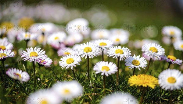 A sunny meadow with daisies in full bloom under bright sunlight, creating a vibrant and cheerful