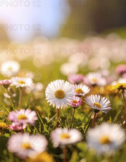 A sunny meadow with daisies in full bloom under bright sunlight, creating a vibrant and cheerful