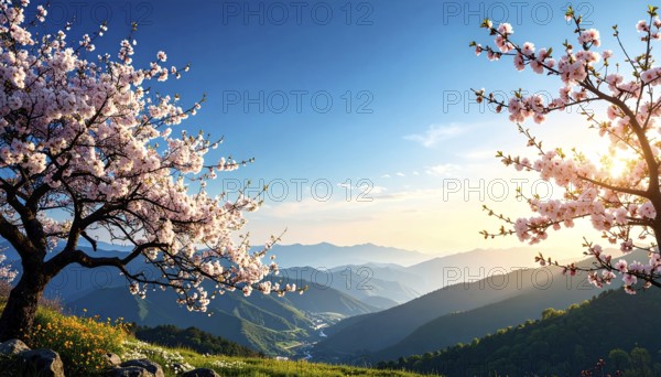 Landscape with a blooming apricot tree, idilyc spring nature, green grass and mountains in