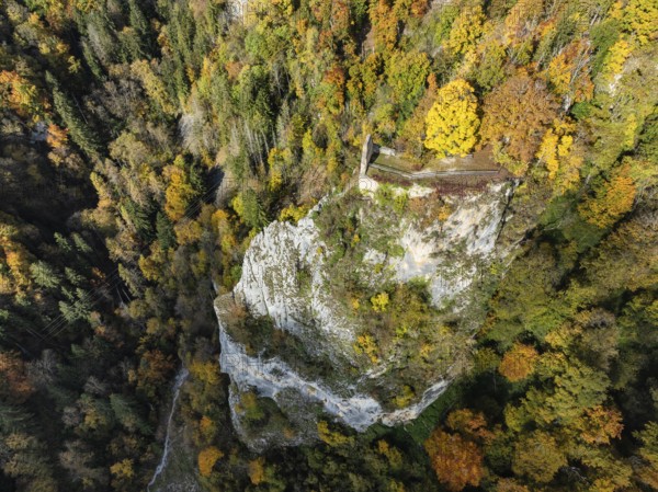 Aerial view of the viewpoint, shovels and Hausen Castle, also known as the Hausen ruins, surrounded