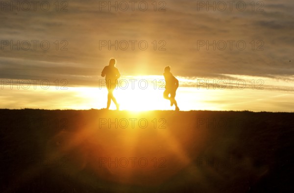 Woman and child walk across a dike on the island of Fehmarn at sunset, 13.10.2025, Fehmarn,