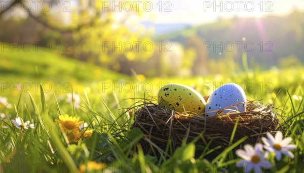 Nest with easter eggs in a basket on grass, sunny spring day, fresh beautiful landscape at