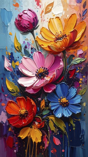 Closeup of abstract rough colorful multicolored organic floral spring flowers art painting texture,