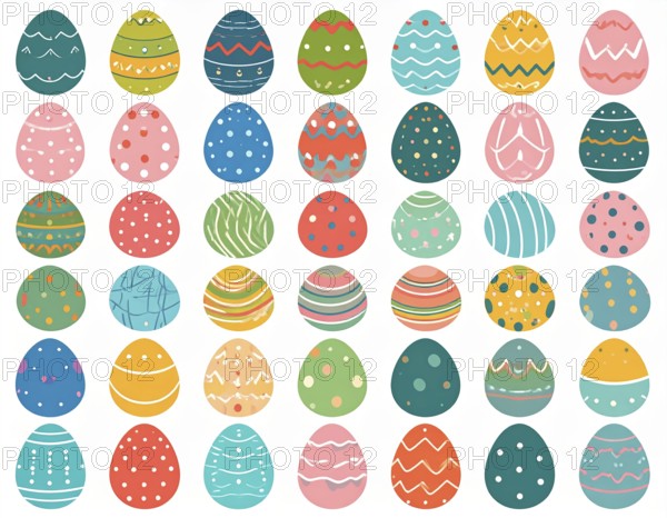 Set of easter eggs flat design on white background, abstract vector wallpaper illustration, banner