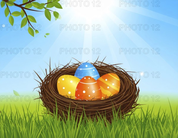 Nest with easter eggs in grass on a sunny spring day, Easter wallpaper decoration drawing, banner,