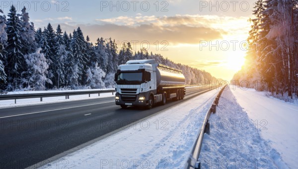 Petrol cargo truck lorry tanker driving on highway hauling oil products at sunrise, wide snowy