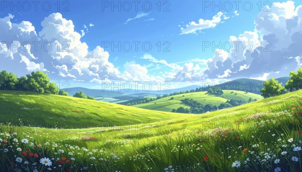 Fresh summer hilly Landscape with blooming Meadow, green plants, Blue Sky with cloudy sky, serene
