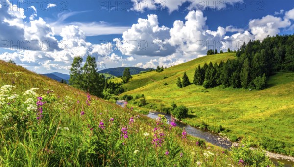 Fresh summer hilly Landscape with blooming Meadow, green plants, Blue Sky with cloudy sky, serene