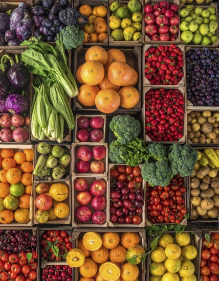 Fresh fruits and vegetables in a market display, aerial view perpendicular top down, healthy eating