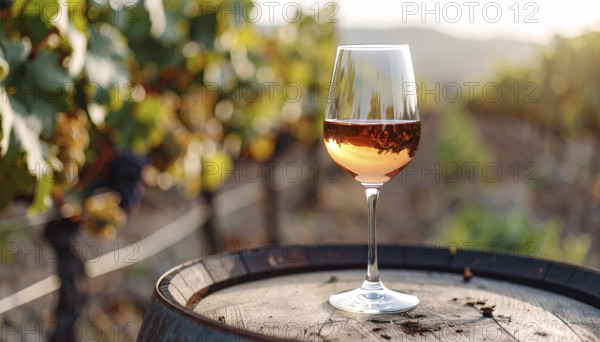 A glass of 10-year-old tawny wine placed on a barrel in a vineyard restaurant, vineyard landscape