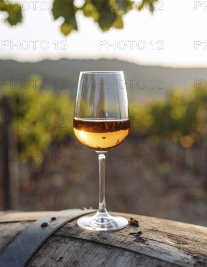 A glass of 10-year-old tawny wine placed on a barrel in a vineyard restaurant, vineyard landscape