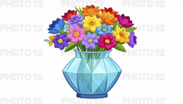 Crystal glass vase with vibrant blooming flowers, vibrant vector drawing illustration for fresh