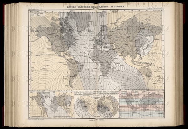 Atlas of Geomagnetism showing lines of magnetic declination, isogonic lines or isogonic chart, for