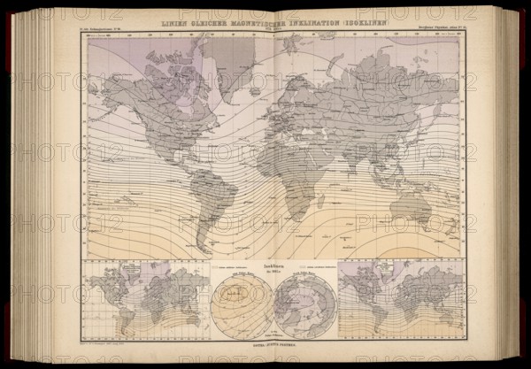 Atlas of Geomagnetism showing magnetic Isoclinic lines or aclinic lines, for the epoch 1885,