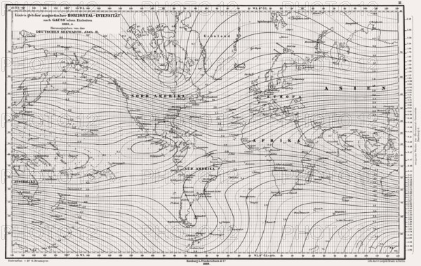 Atlas of Geomagnetism showing horizontal intensity of the Earth's magnetic field for the epoch