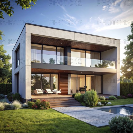Modern residential house with green garden, simple geometric architecture, clear blue sky in the