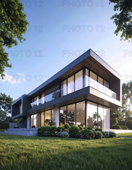 Modern residential house with green garden, simple geometric architecture, clear blue sky in the