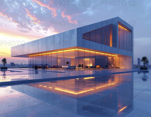 Modern building reflecting sunset light at dusk. Abstract Futuristic Business Background, AI