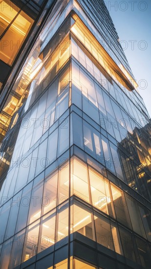 Modern building reflecting sunset light at dusk. Abstract Futuristic Business Background, AI