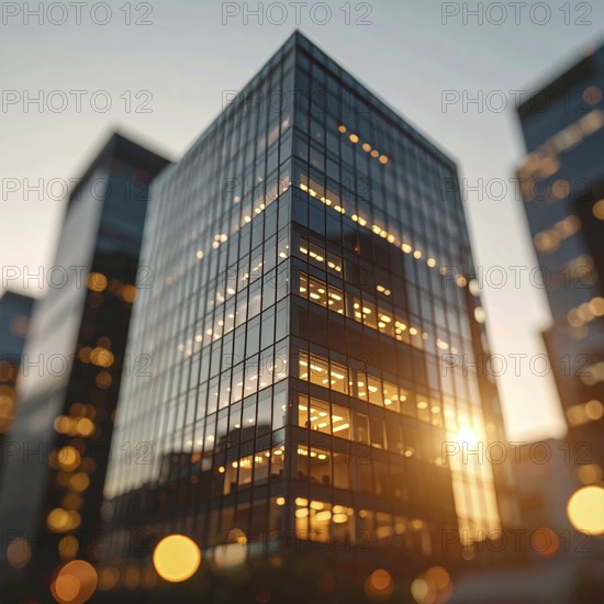 Modern building reflecting sunset light at dusk. Abstract Futuristic Business Background, AI