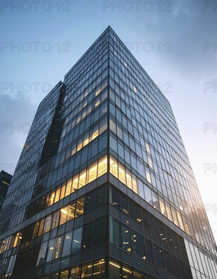 Modern building reflecting sunset light at dusk. Abstract Futuristic Business Background, AI