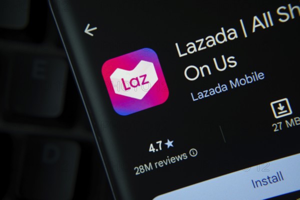 Dhaka, Bangladesh- 27 July 2025: Lazada app from Google Playstore is displayed on a smartphone