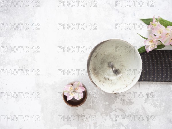 Empty ceramic bowl, pink alstroemeria flowers, and brown placemat creating a minimalist arrangement