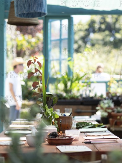 Workshop table prepared with flowers, vegetables, notebooks and tools for creating natural inks and