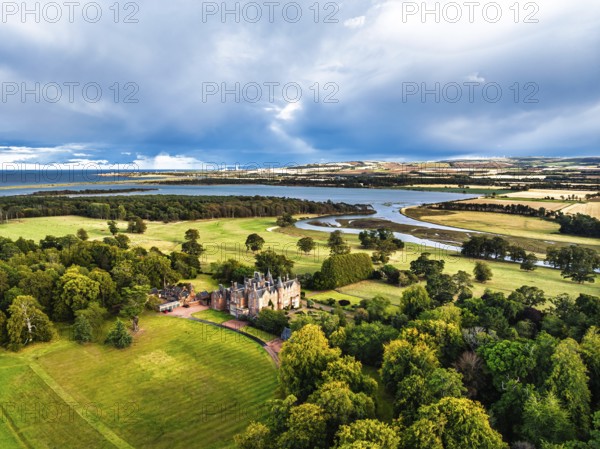 Tyninghame House over River Tyne from a drone, East Lothian, Scotland, UK