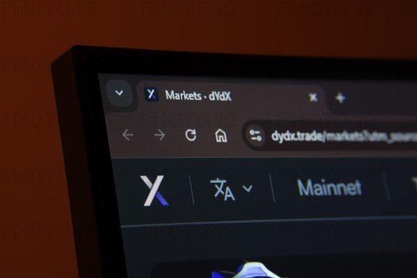 Dhaka, Bangladesh- 03 Oct 2025: Close-up of a computer screen displaying the Dydx web interface in