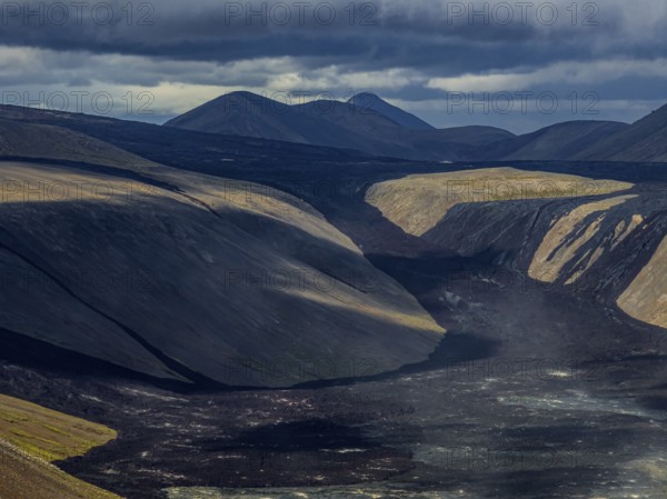Lava, lava field, summer, cloudy, sunny, aerial view, Fagradalsfjall, Reykjanes, Iceland