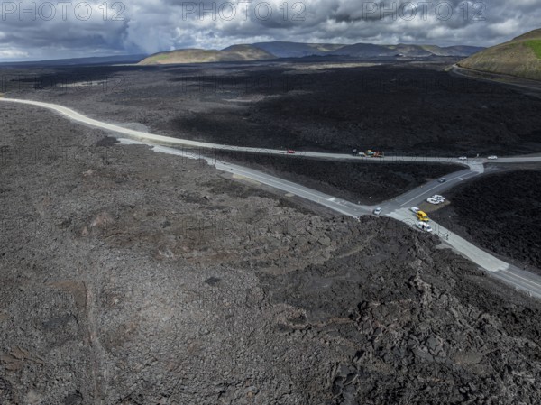 Lava, lava field, road, destroyed, summer, cloudy, sunny, aerial view, Blue Lagoon, Sundhnúkur