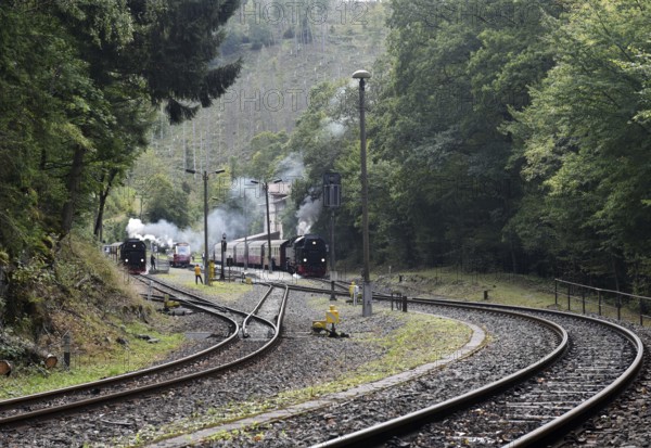 Steam locomotive, steam locomotives double exit on the Harz Narrow Gauge Railway, HSB, in the Harz