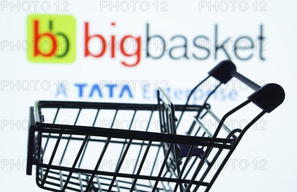 Dhaka, Bangladesh- 03 July 2025: Silhouette of a shopping cart in front of the BigBasket logo,